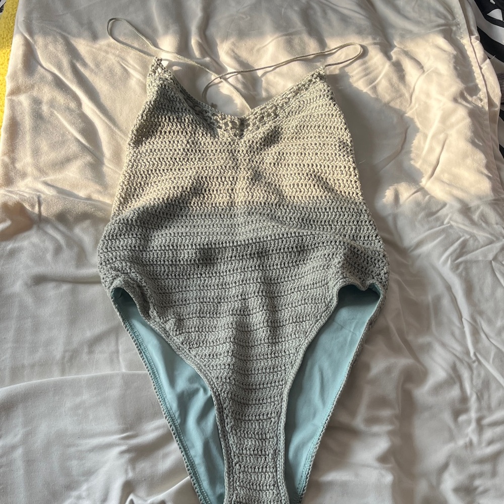 Forever 21 Crochet One-Piece Swimsuit in Light Sage and Pale Blue